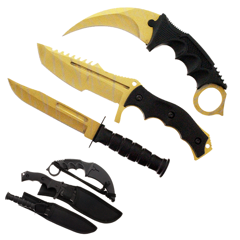 Falcon 3-Piece Gold Set. 7 1/2" & 8 1/2" Tactical Knife, 7 1/2" Karambit