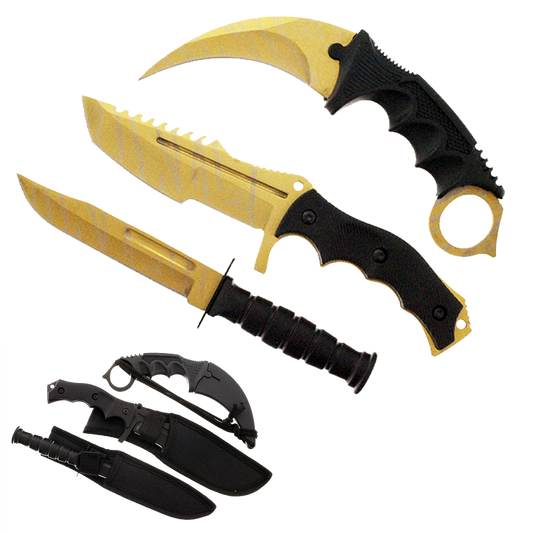 Falcon 3-Piece Gold Set. 7 1/2" & 8 1/2" Tactical Knife, 7 1/2" Karambit
