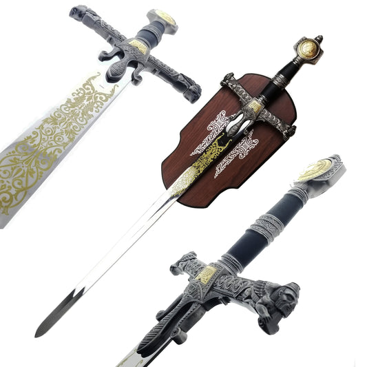 King Solomon Decorative Medieval Sword with Intricate Design and Wooden Shield Display
