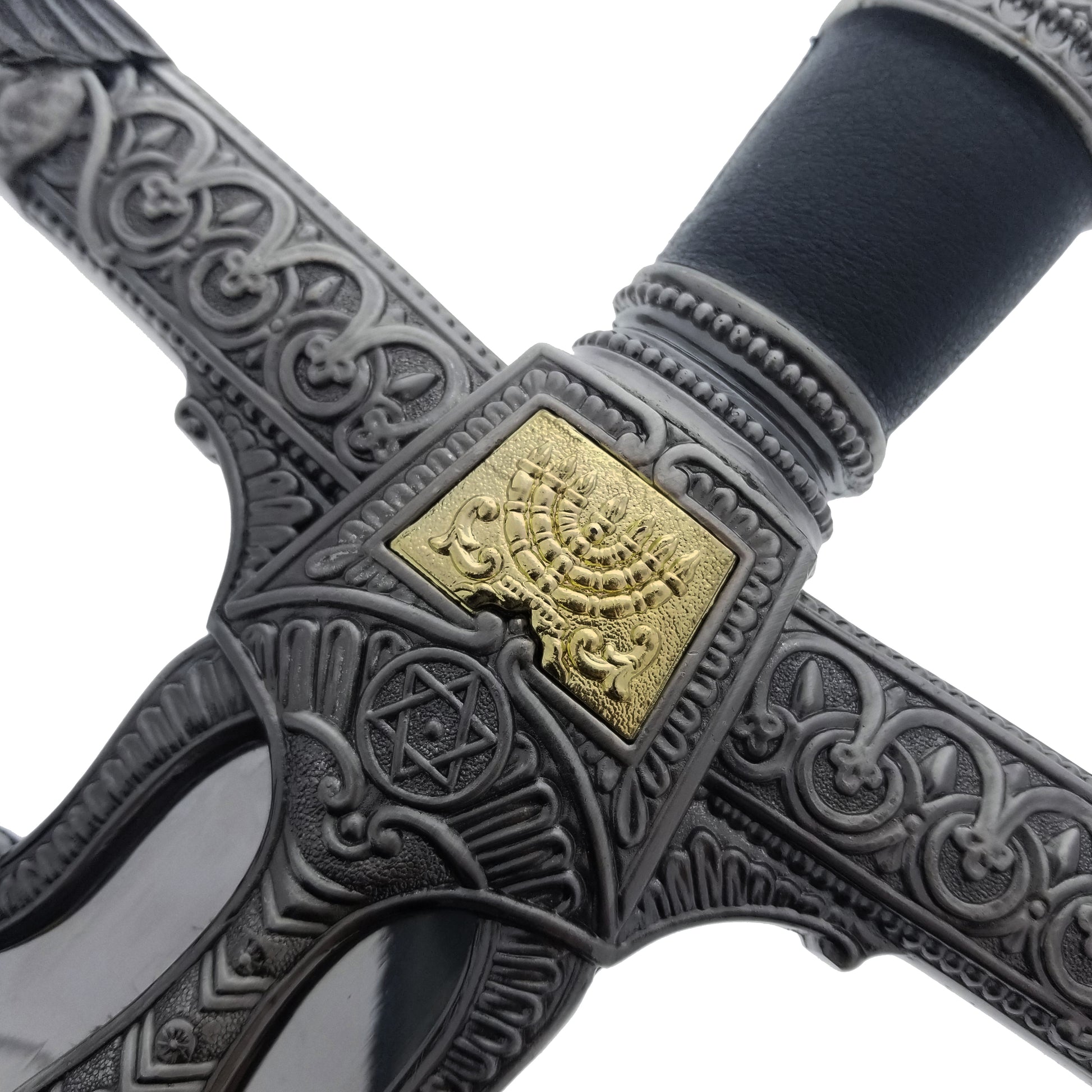 Close-up of King Solomon Decorative Medieval Sword with intricate hilt design and gold accents