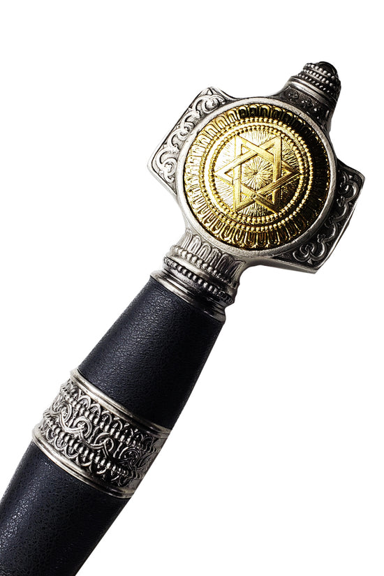 King Solomon Decorative Medieval Sword handle with intricate design and golden emblem detail