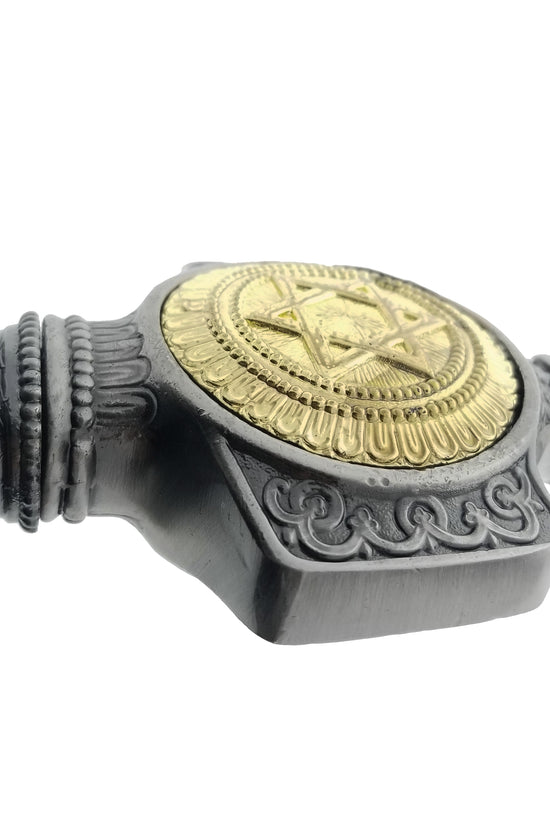 Close-up of the hilt of the King Solomon Decorative Medieval Sword with intricate gold detailing