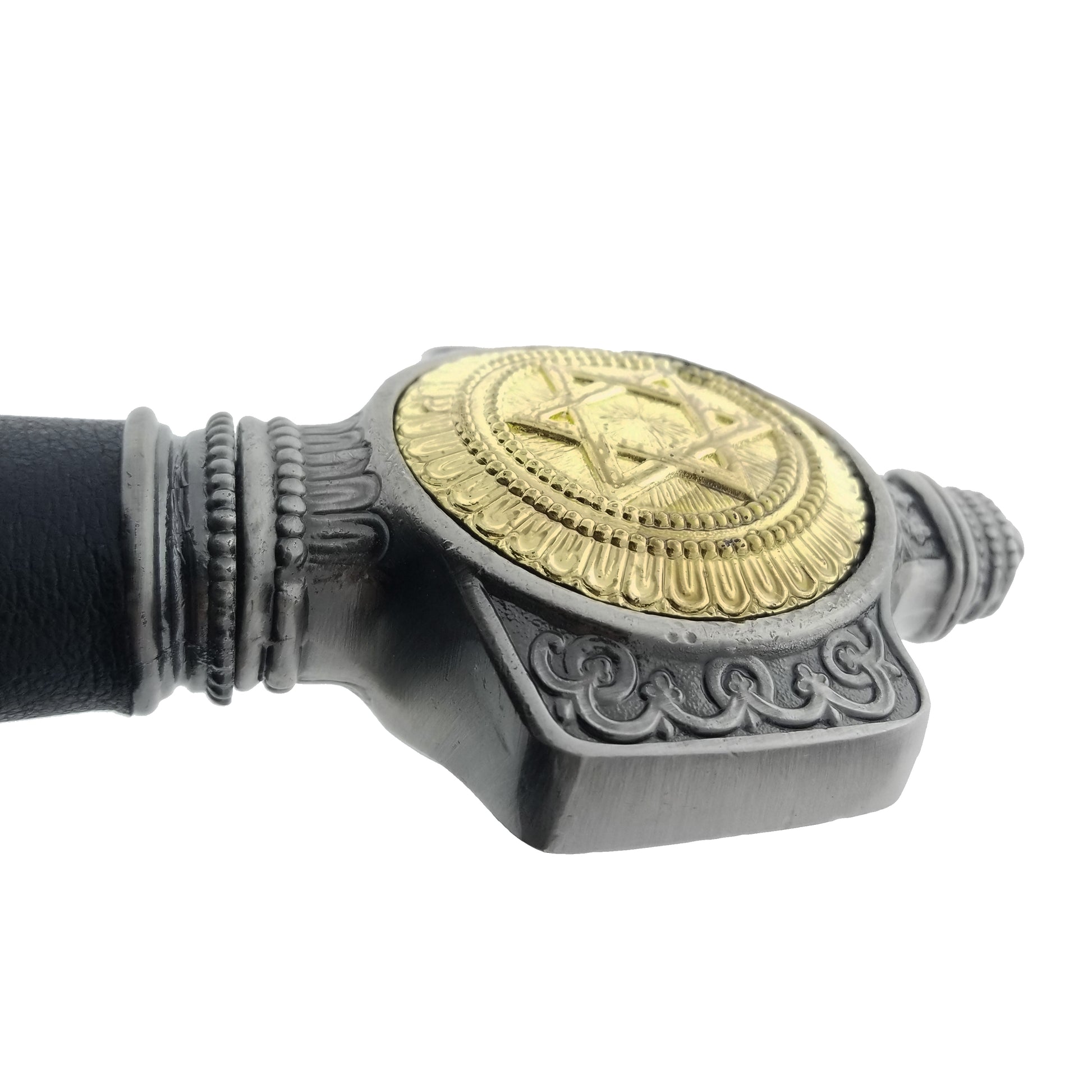 Close-up of the hilt of the King Solomon Decorative Medieval Sword with intricate gold detailing