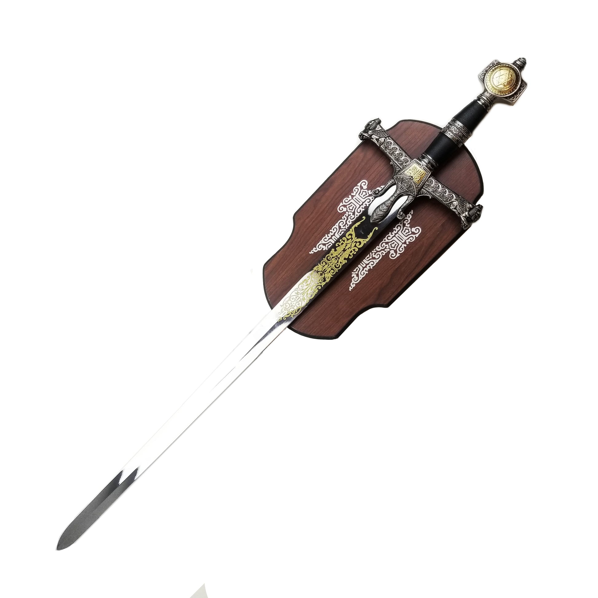 King Solomon Decorative Medieval Sword displayed on a wooden plaque with intricate designs and a stylish hilt