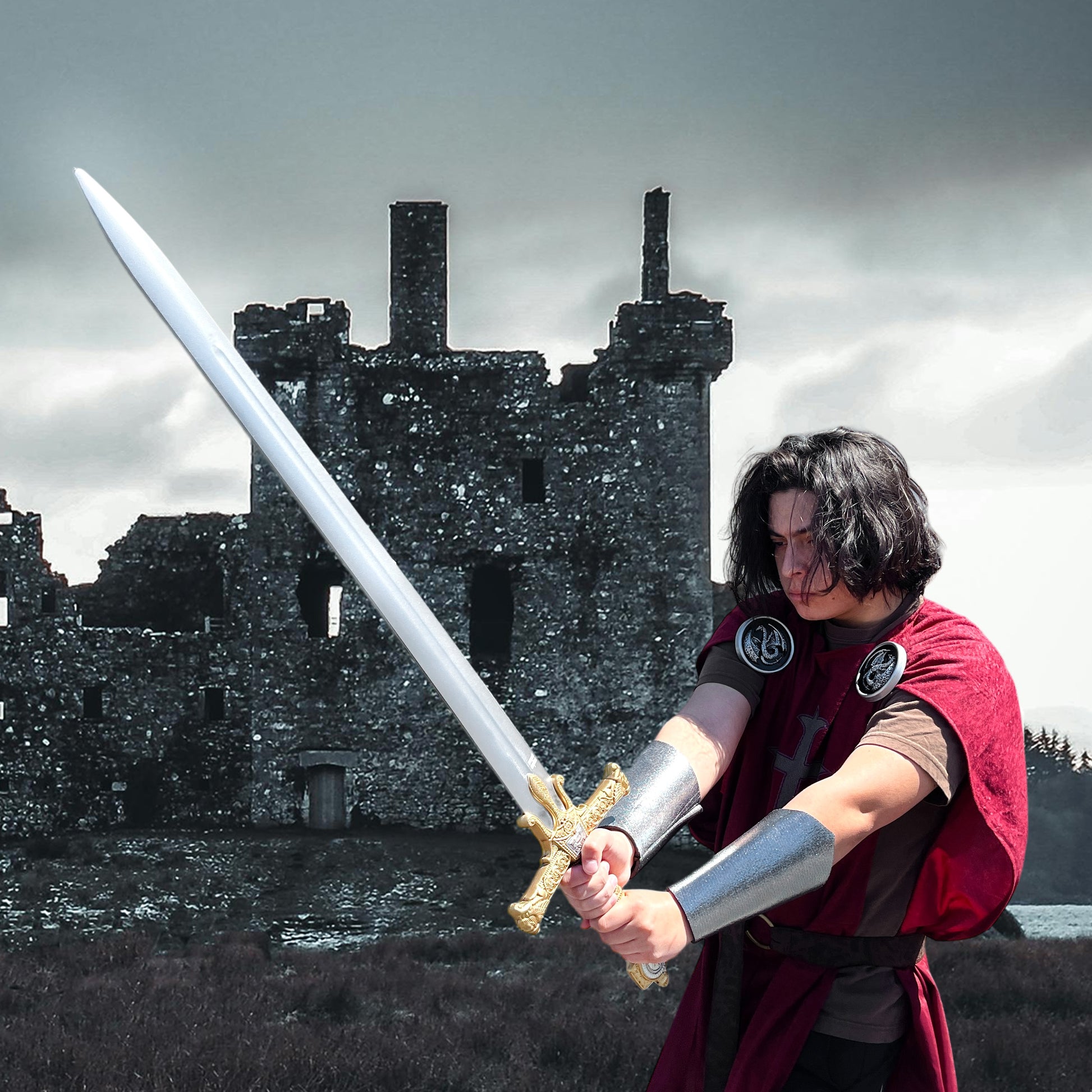 Guild Arms King Solomon Star Red Foam Medieval Sword held by a warrior in front of a castle ruin