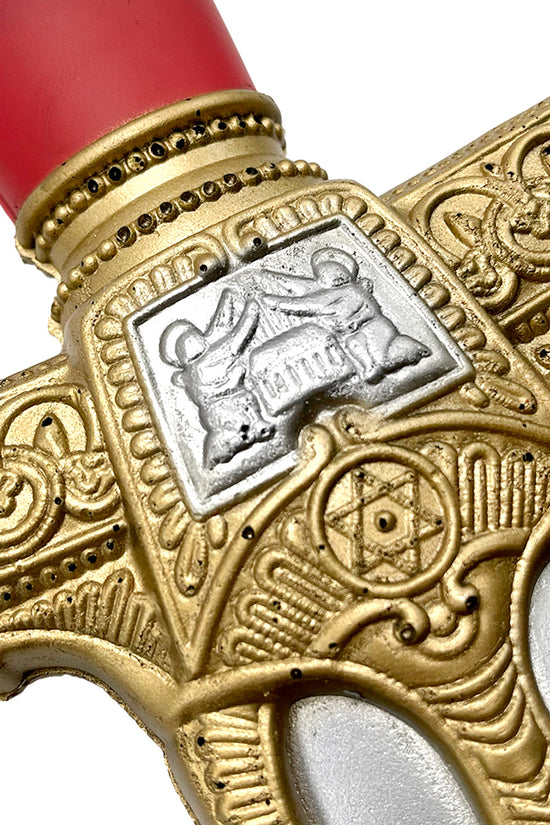Close-up of King Solomon Star Red Foam Medieval Sword with ornate gold detailing and intricate hilt design
