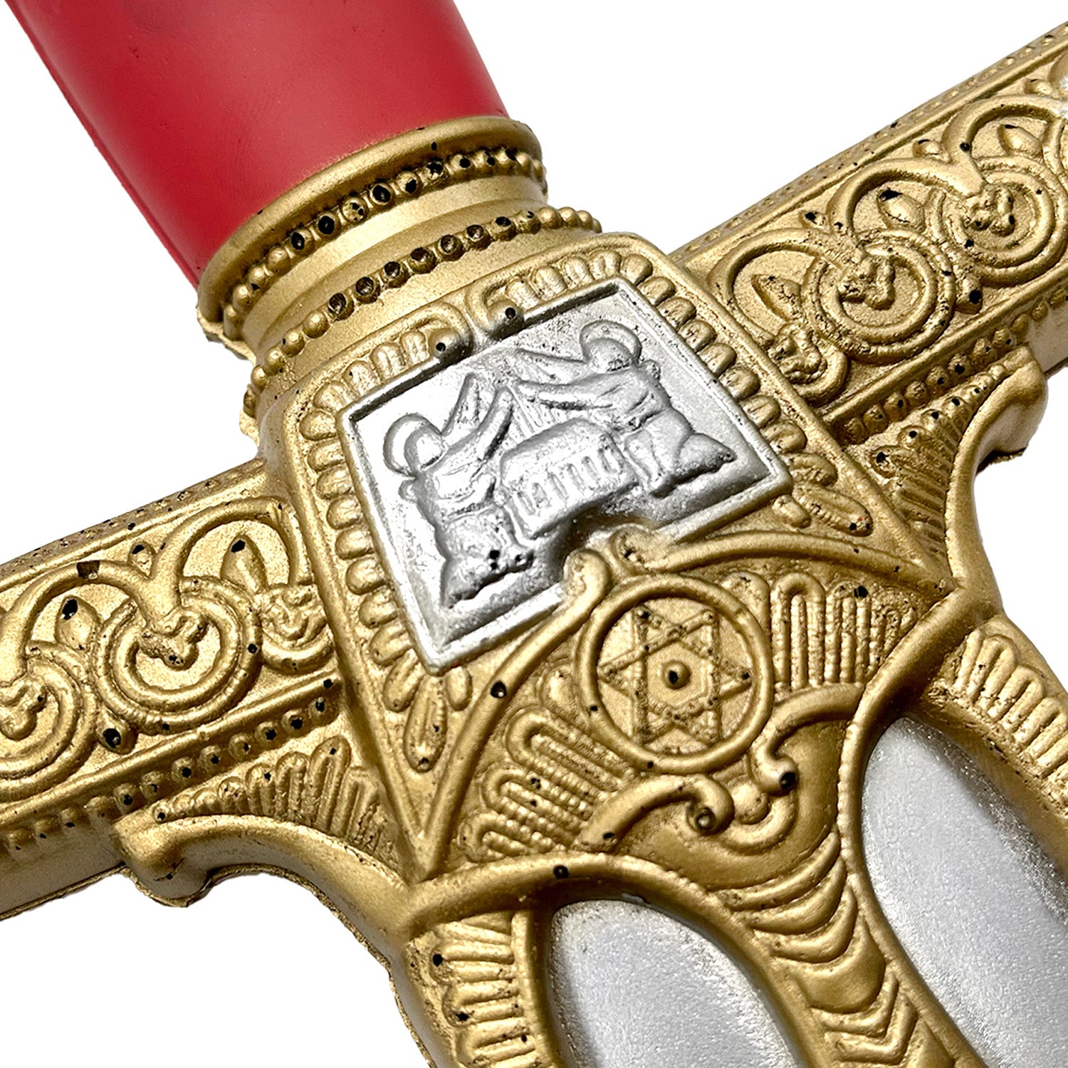 Close-up of King Solomon Star Red Foam Medieval Sword with ornate gold detailing and intricate hilt design
