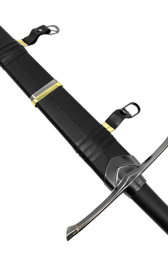 King's Medieval Sword LARP with detailed hilt and black scabbard, perfect for reenactments and cosplay