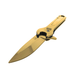 Falcon Spring Assisted Pocket Knife with a sleek gold blade and ergonomic handle for easy handling