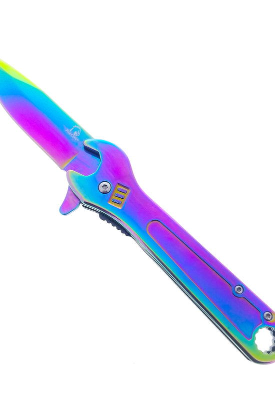 Falcon Multitool featuring a knife in pocket design with a colorful rainbow finish
