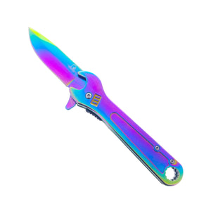 Falcon Multitool featuring a knife in pocket design with a colorful rainbow finish