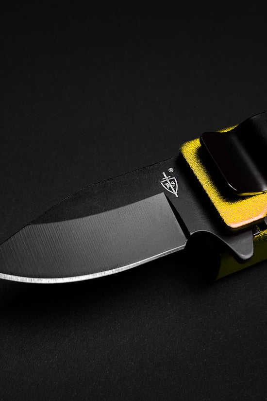 Guild Arms lighter knife case 4.5 inch with black blade and metallic yellow handle clip