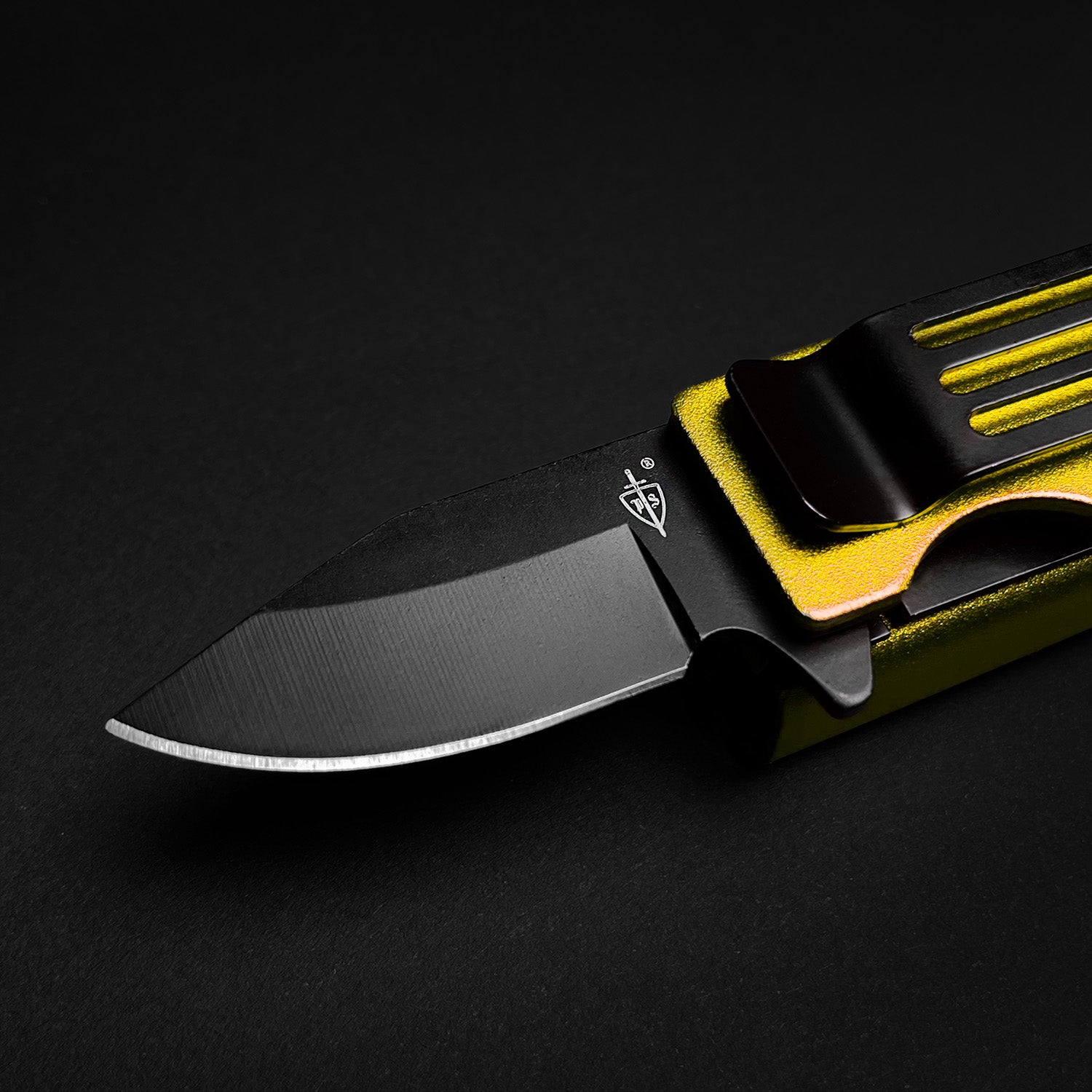Guild Arms lighter knife case 4.5 inch with black blade and metallic yellow handle clip