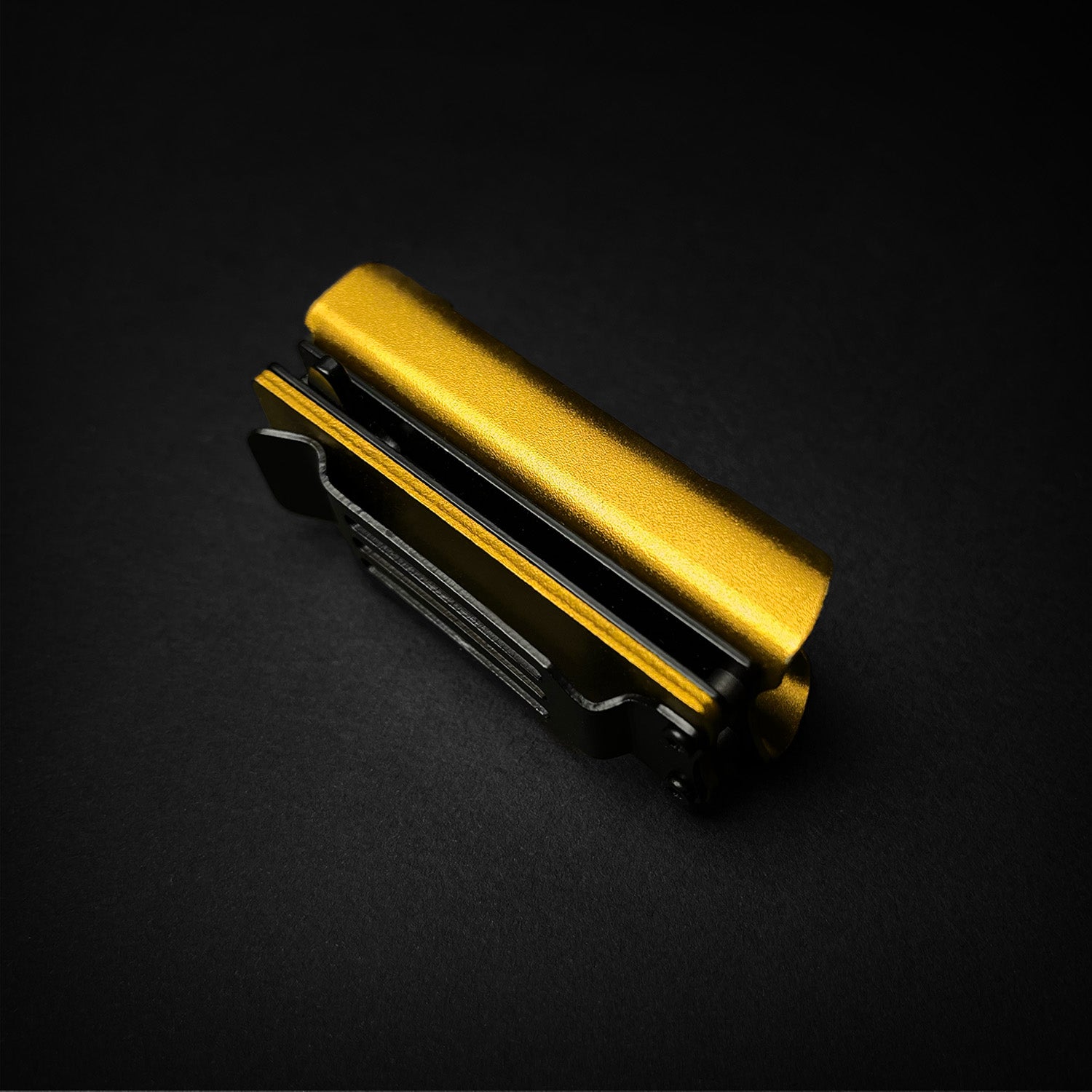 Guild Arms knife lighter case 4.5 inch folding with gold and black design on black background