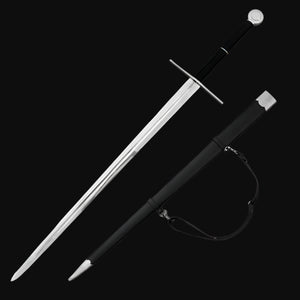 Guild Arms Knight medieval sword for sale with a sleek design and matching scabbard