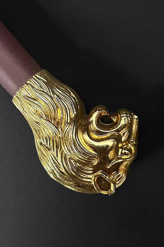 Close-up of the Knight's Collection 'Chimera' Medieval Sword pommel with a detailed lion head design