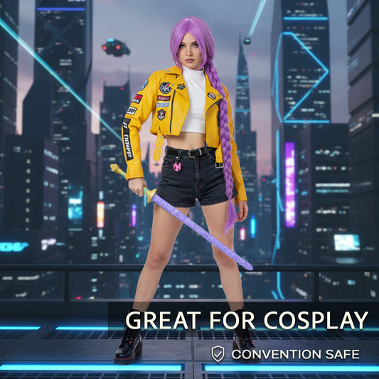 Kpop Foam Demon Killer Sword perfect for cosplay with a stylish character display in urban setting