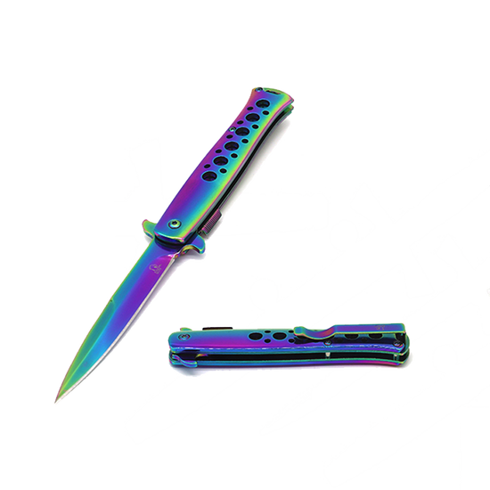 Falcon 9" Overall Metal Spring Assisted Knife With Rainbow Coating