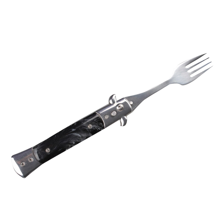 5" Spring Assisted Fork with faux black marble handle, Gift novelty knife