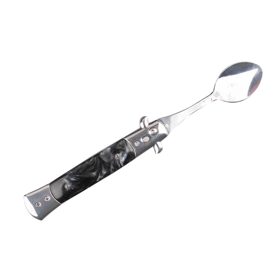 5" Spring Assisted Spoon with faux black marble handle, Gift novelty knife