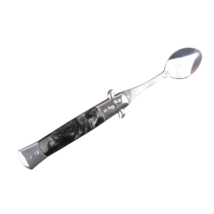 5" Spring Assisted Spoon with faux black marble handle, Gift novelty knife