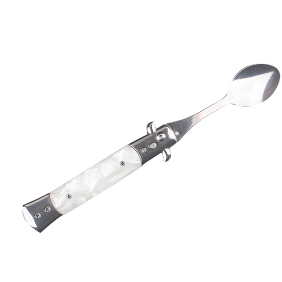 5" Spring Assisted Spoon with faux white marble handle, Gift novelty knife