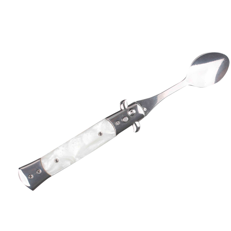 5" Spring Assisted Spoon with faux white marble handle, Gift novelty knife