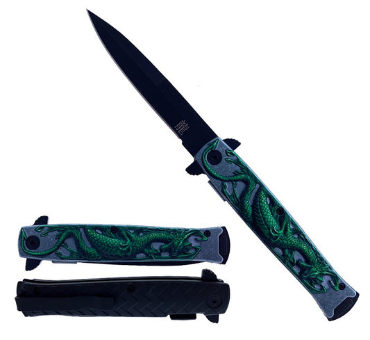 Falcon 8" Overall Spring Assisted Knife W/ Green Dragon Handle