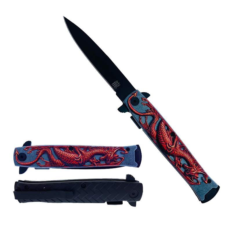 Falcon 3" Black Blade / Red Dragon Handle / Assisted Knife