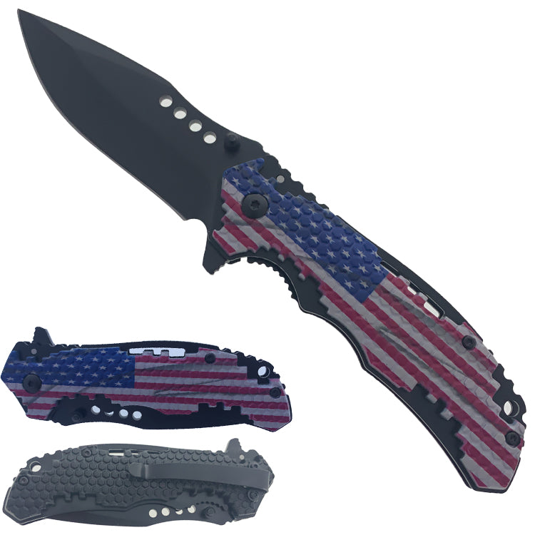 8.25" Spring Assisted Pocket Knife US Flag ABS handle