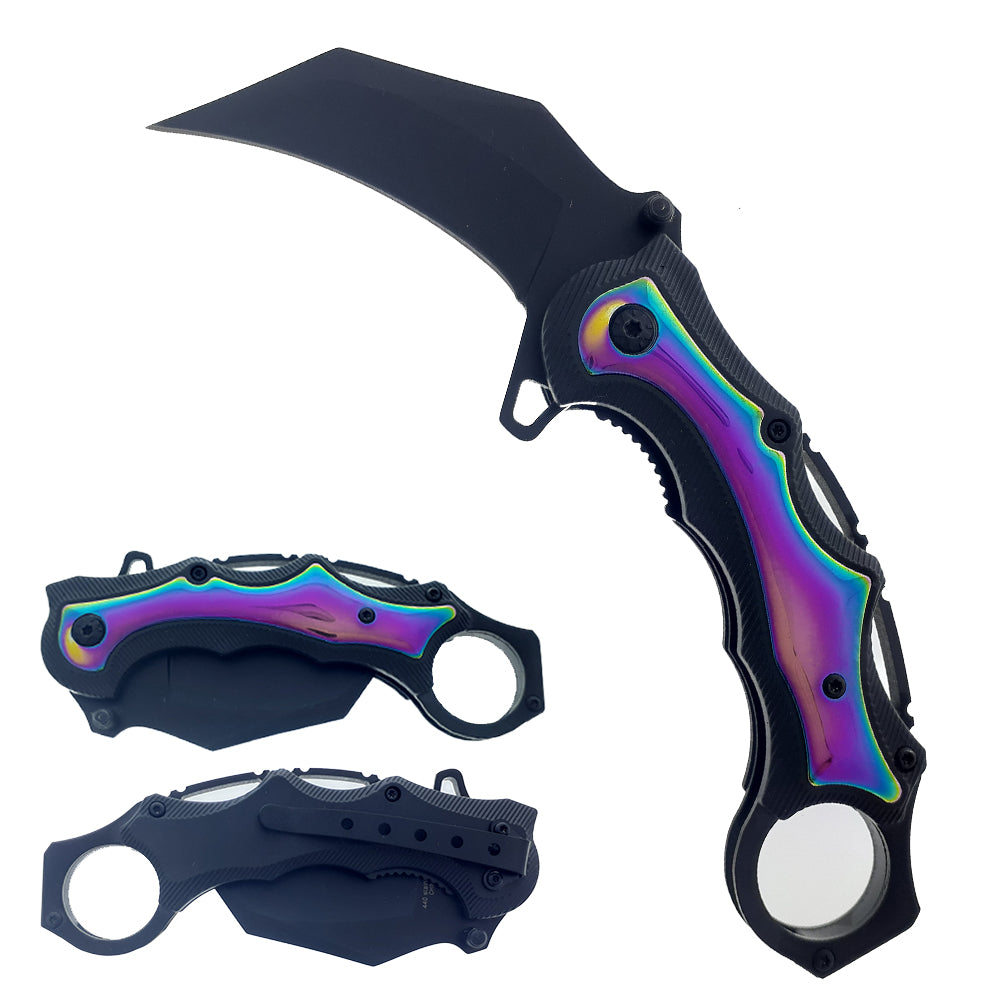 7" Rainbow Spring Assisted Karambit Rainbow ABS handle