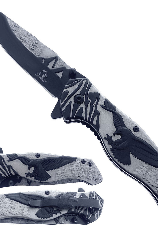 Falcon 8-Inch Spring-Assisted Knife, Gray & Black Eagle Design | KS3778BK