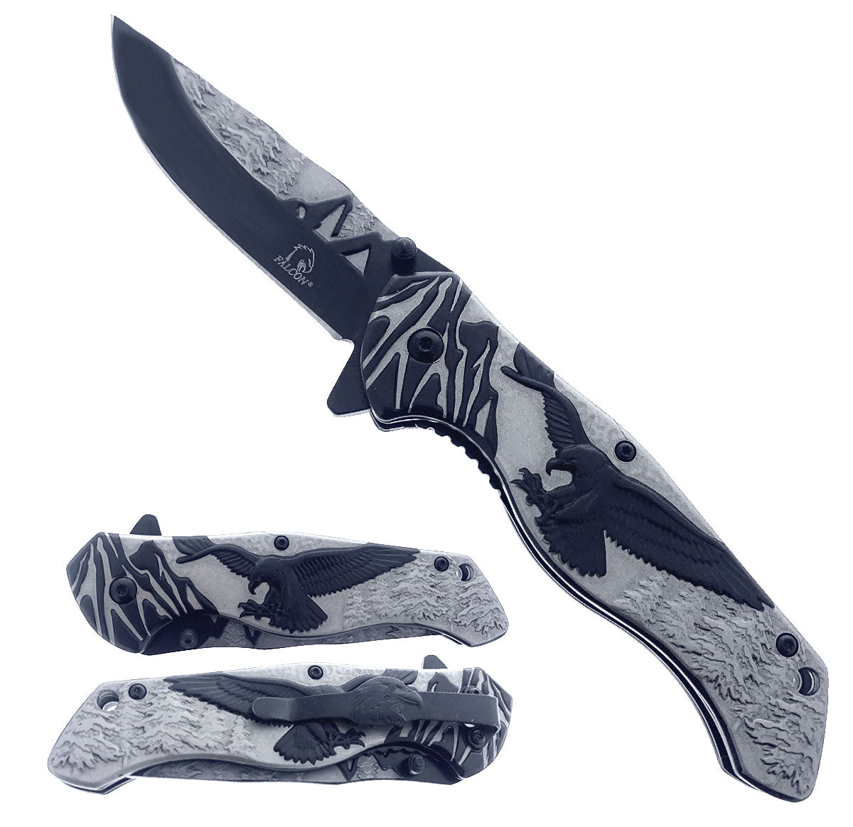 Falcon 8-Inch Spring-Assisted Knife, Gray & Black Eagle Design | KS3778BK