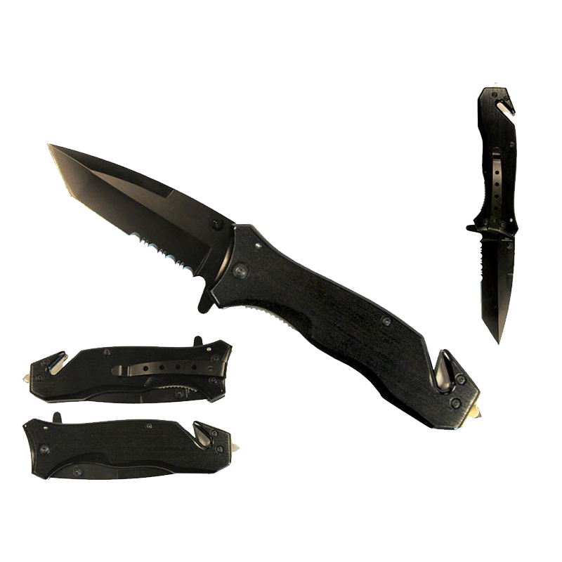 8" Black Spring Assisted Knife | Seat Belt Cutter & Glass Breaker folding pocket knife product photo