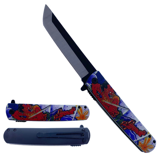 8.5" Tanto Blade Spring Assisted Pocket Knife Hannya Design