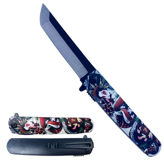 8.5" Tanto Blade Spring Assisted Pocket Geisha Design