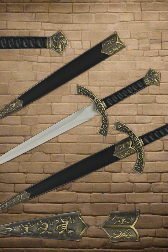 Fantasy Edge medieval dagger for sale with decorative gold accents and black leather handle on stone background