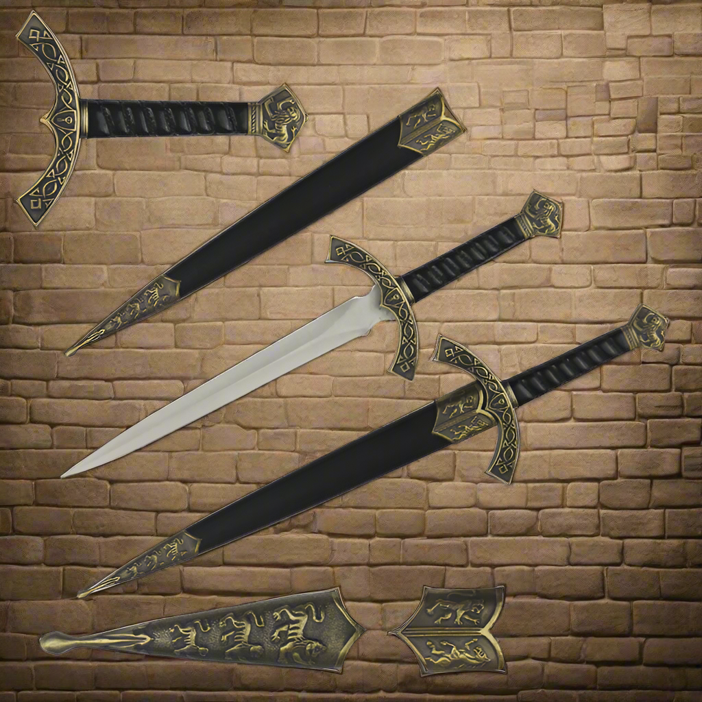 Fantasy Edge medieval dagger for sale with decorative gold accents and black leather handle on stone background