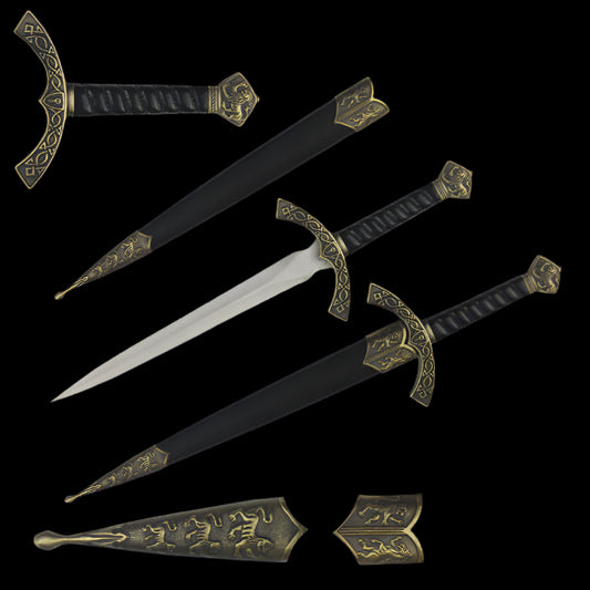 Fantasy Edge medieval dagger for sale with ornate gold and black hilt and scabbard on black background