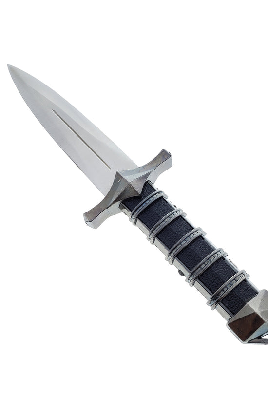 Guild Arms steel dagger with wrapped handle and crossguard featuring metal rings Medieval Dagger with Chain and Scabbard