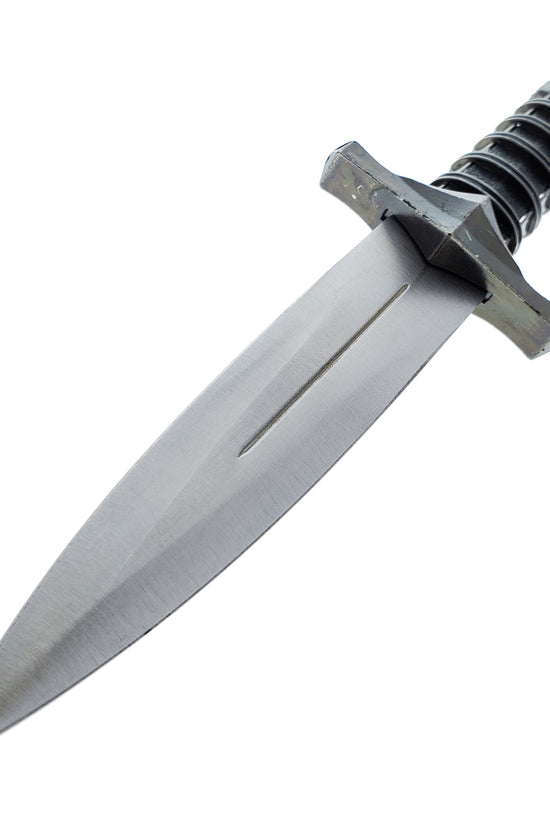 Guild Arms Medieval Dagger with Chain and Scabbard product shot showing steel double edged blade and spiral grip
