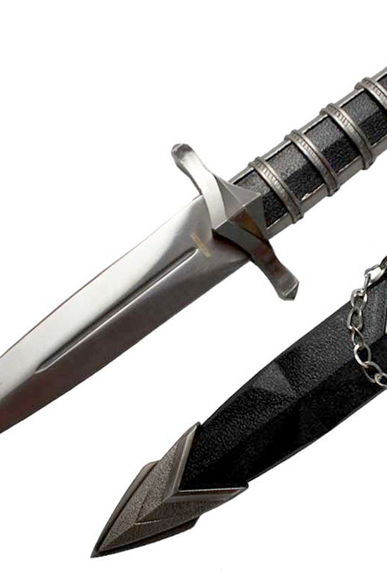 Guild Arms polished steel Medieval Dagger with Chain and Scabbard featuring textured grip and decorative scabbard