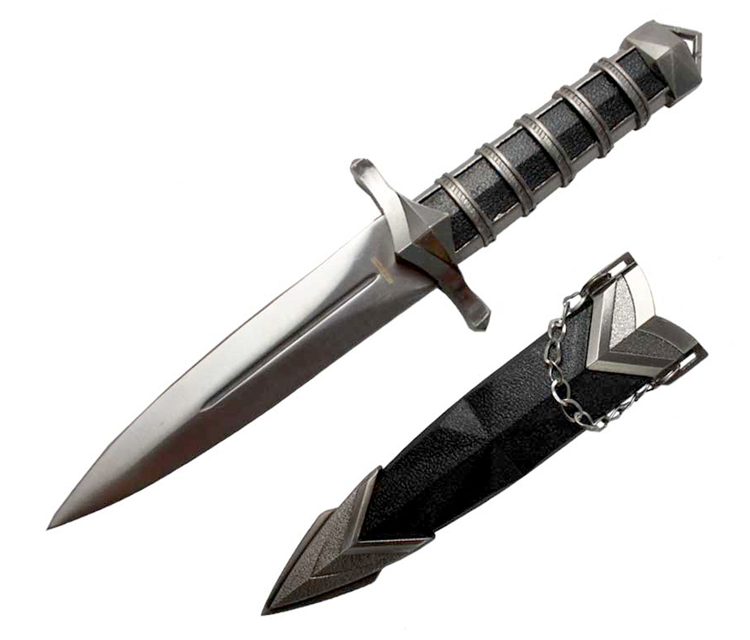 Guild Arms polished steel Medieval Dagger with Chain and Scabbard featuring textured grip and decorative scabbard
