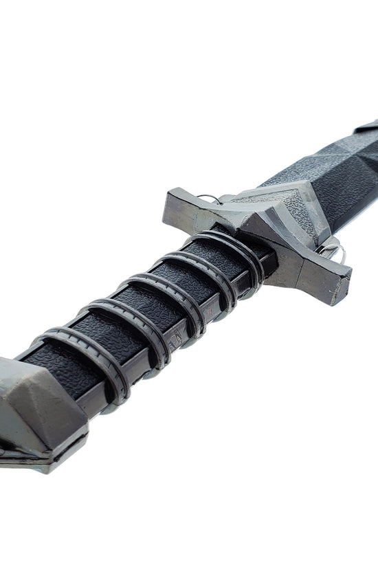 Guild Arms Medieval Dagger with Chain and Scabbard close up of metal hilt and wrapped black grip