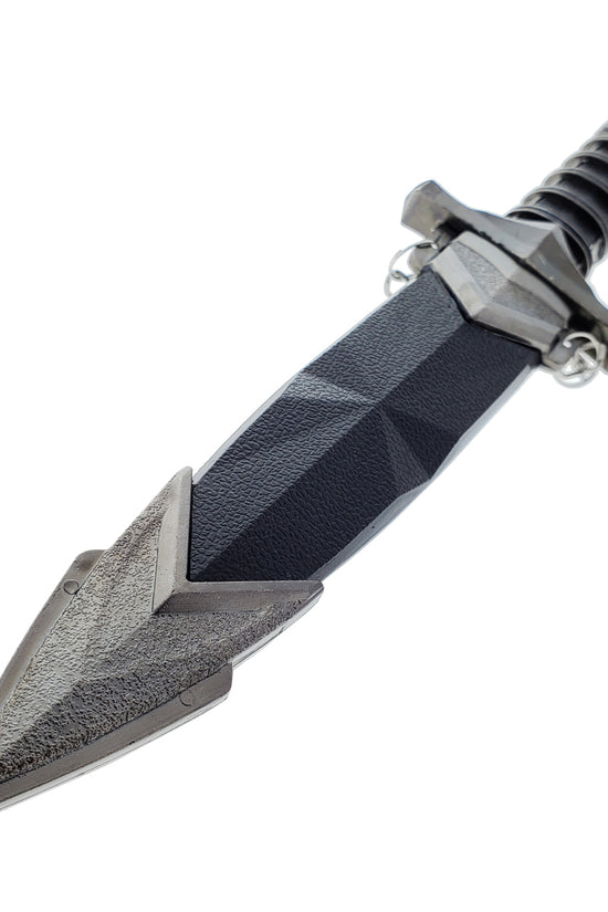 Guild Arms Medieval Dagger with Chain and Scabbard black faceted grip steel guard and pointed metal scabbard tip