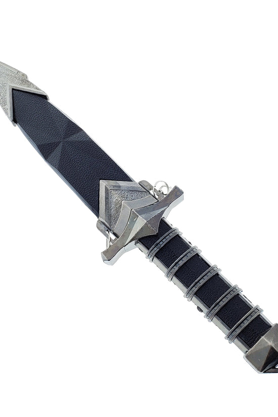 Guild Arms Medieval Dagger with Chain and Scabbard black leather scabbard silver geometric fittings