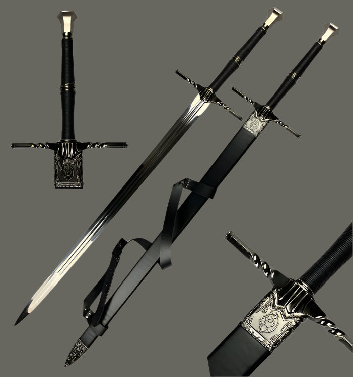 Guild Arms medieval longsword with intricate hilt design and black leather handle for collectors