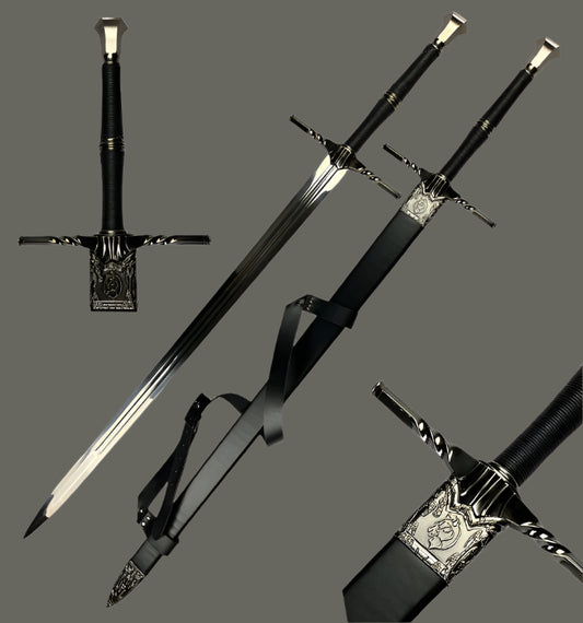 Guild Arms medieval longsword with intricate hilt design and black leather handle for collectors