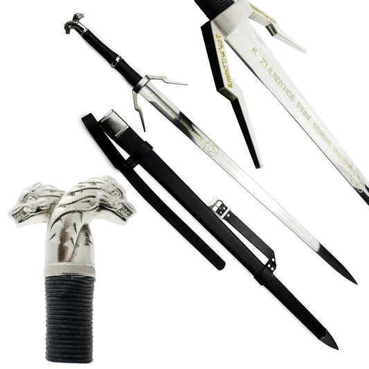 Guild Arms medieval replica sword for sale with a detailed dragon handle and sleek scabbard design