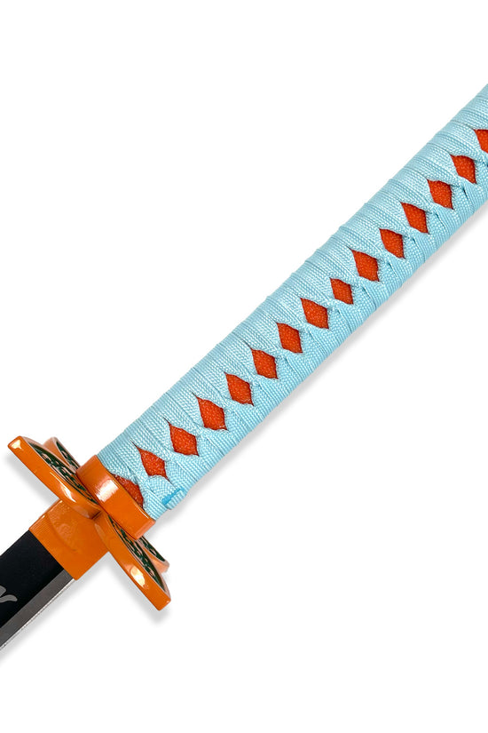 Guild Arms Metal Anime Demon Sword with orange and blue handle design and traditional tsuba